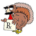 drawing of a turkey in makeup and holding a sigh with the R X symbol