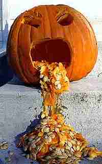halloween pumpkin with wide open mouth, throwing up the seeds
