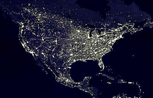 NASA photo of North America at night, showing city lights