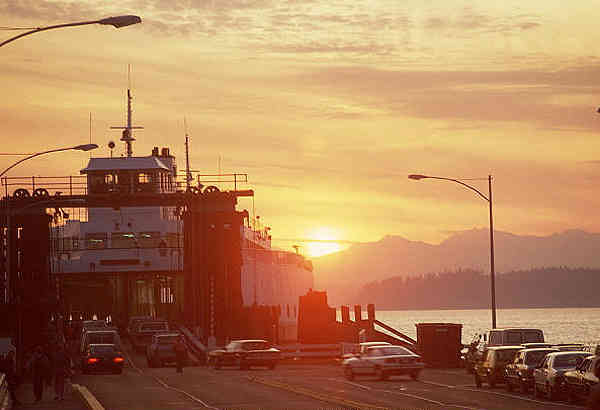 the vashon island ferry loading at sunset