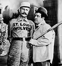 Abbott and Costello on stage during their who's on first routine